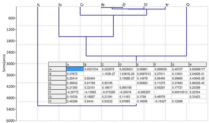 Descrição: G:\HD_Altamir_Fernandes\UFVJM\PROJETOS DE PESQUISA\3. Higiene e Segurança\Artigo 2 - Análise Multivariada x SST\Dendrograma 8 Variáveis x 64 Municípios + Tabela de Correlação linear.jpg